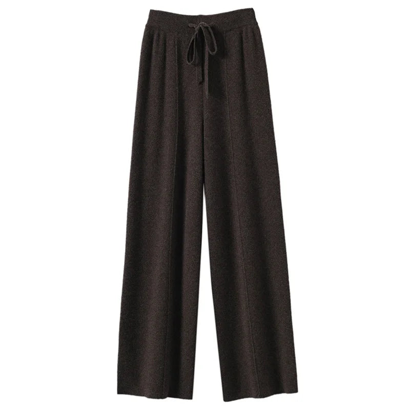 High Waist Knitted Wide Leg Pants Women's Autumn Winter Extended Floor Length Drawstring Straight Casual Loose Slimming