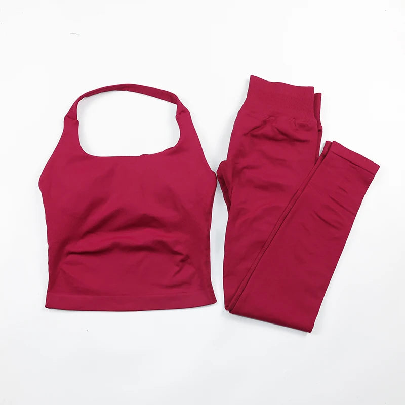 Women's Halter Neck Backless Yoga Set Seamless 2-Piece Outfit Ribbed High-Waist Scrunch Shorts Butt Lifting Gym Pilates Fitness
