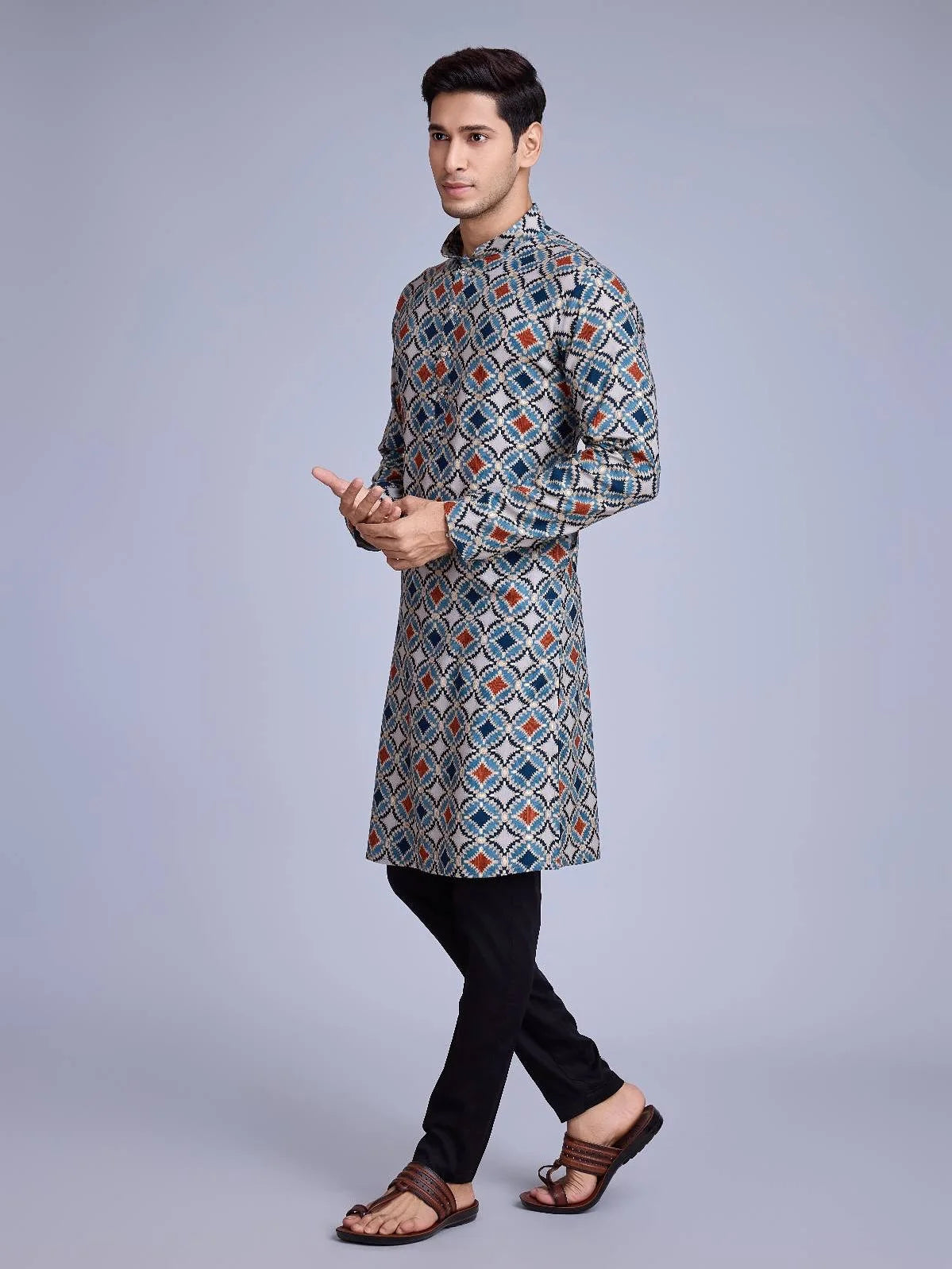 Luxury Islamic Arabic Abaya Robe National Style Ethnic Print Stand Collar Youth Mid-length Ropa Arabe Hombre Kurta For Men