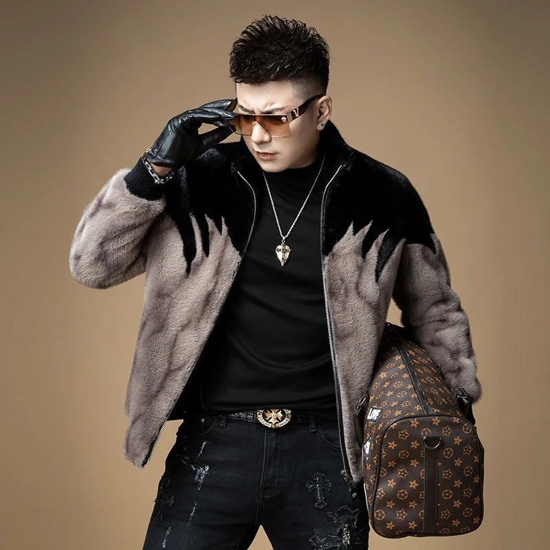 High-End Luxury Men's Fur Coat Winter Thick Warm Gold Mink Velvet Jacket Upper Body Clothing Polyester Fiber Long Sleeve Zipper