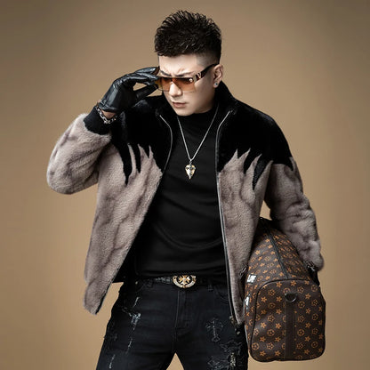 High-End Luxury Men's Fur Coat Winter Thick Warm Gold Mink Velvet Jacket Upper Body Clothing Polyester Fiber Long Sleeve Zipper