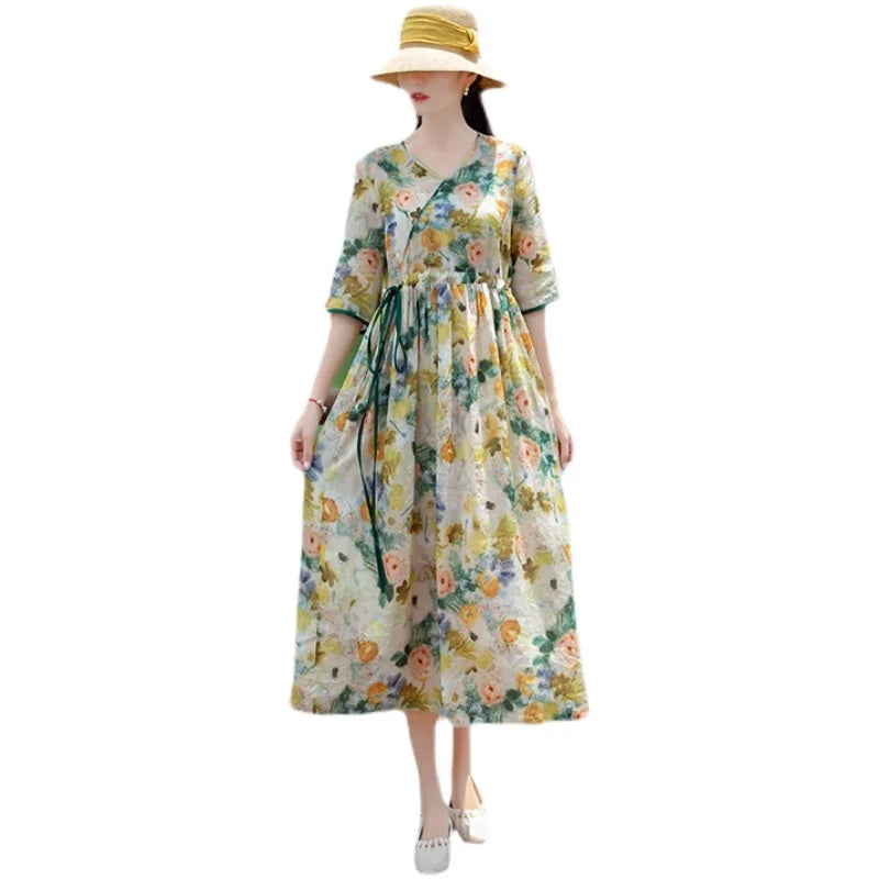 Women's Long Skirt Drawstring Waist Hemp Print A-Line Dress Korean Style Commute Flower Pattern V-Neck Summer Dress