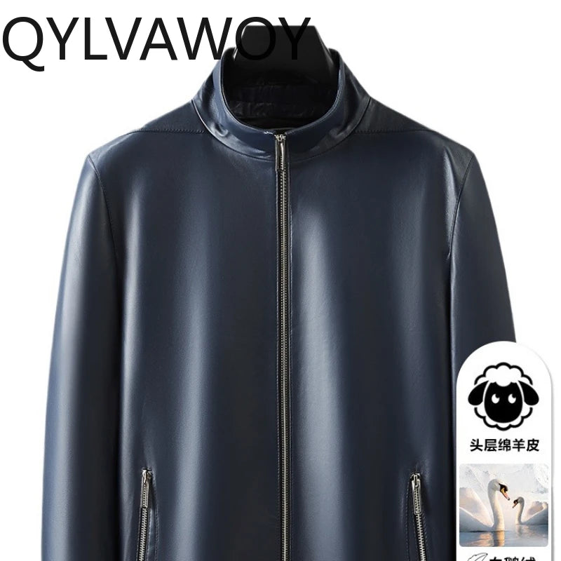 QYLVAWOY 2025 Winter New Real Leather Men's Leather Jacket Thickened Removable Goose Down Stand-Up Collar Blue Outerwear LJ2635