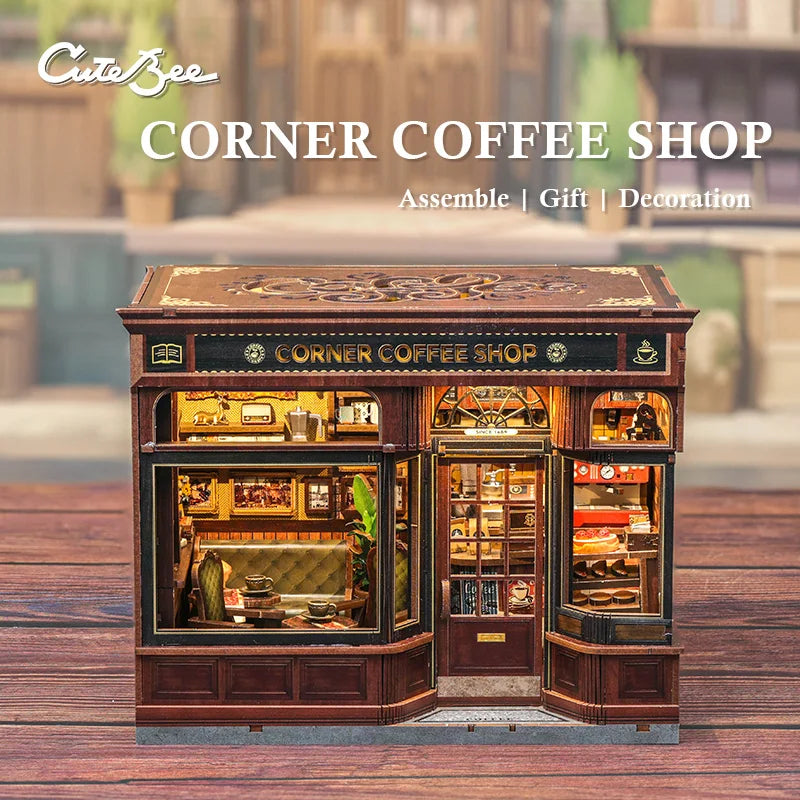 CUTEBEE Book Nook Kit 3D DIY Dollhouse with LED Light Bookshelf Insert Street Shop Series Miniature Model For Home Party Decor