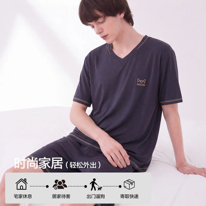 Men's Cool Modal Pajama Set - Short Sleeve Crewneck Stretch Draped Breathable L-3XL Asian Sizing Summer Loungewear for Student