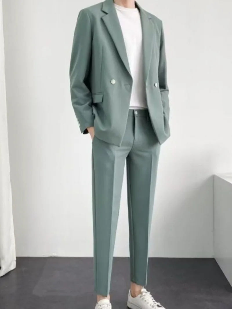 Trendy Korean Style Men Blazer Suit Set Loose Casual Spring Autumn New Cool Stylish Outfit