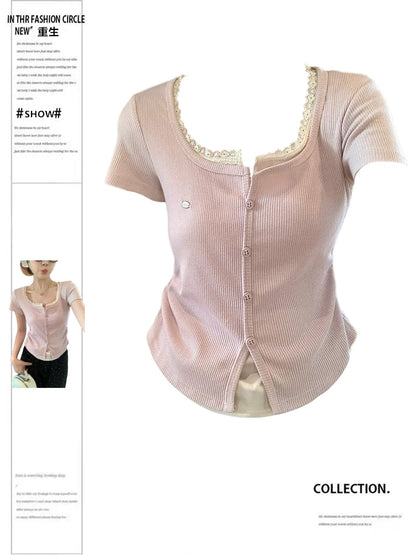 Slimming Short Sleeve T-Shirt Women's Lace Trim Waist-Cinching Curvy Top Pure Desire Sweet Spicy Style Casual Commute Fashion