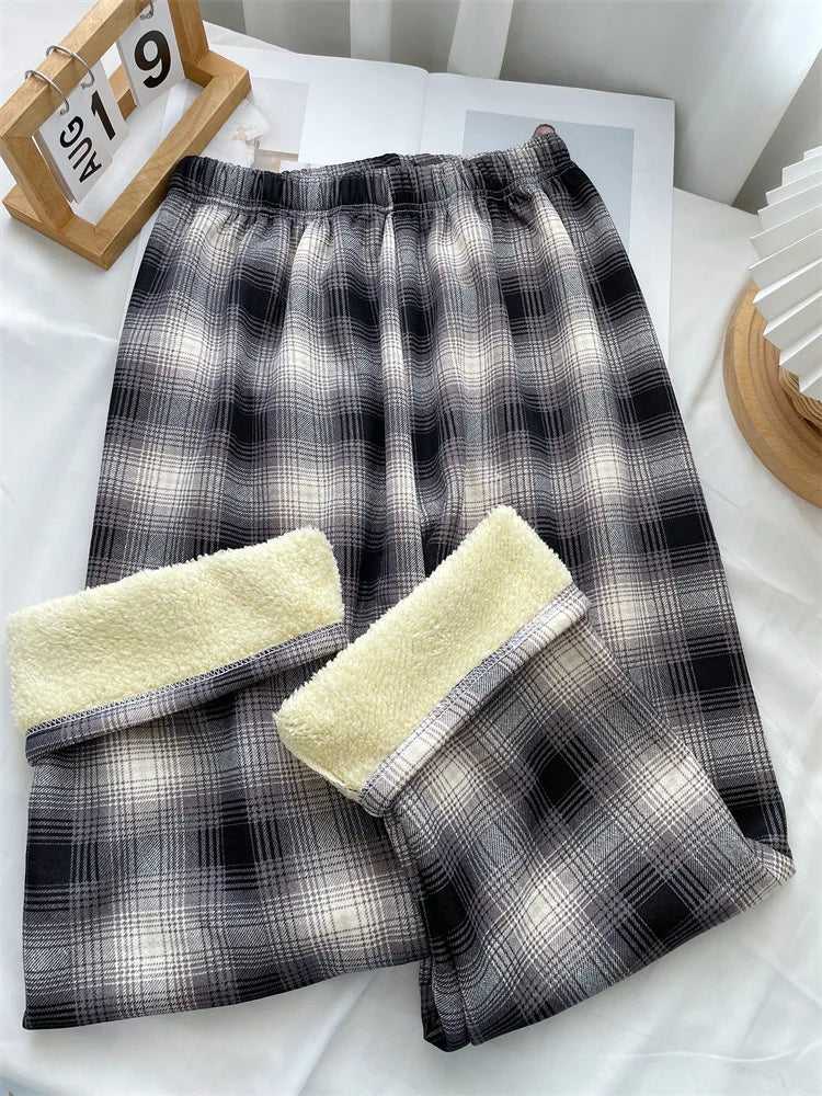 Women Plaid Pants High Waist Wide Leg Flared Trousers Thick Fleece Lined Winter Thermal Lounge Casual Straight Leg Bottoms