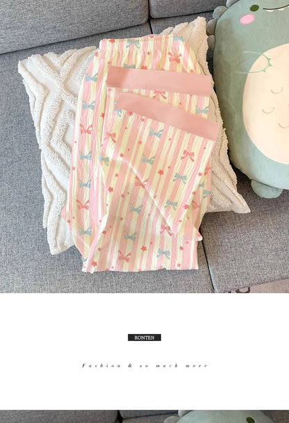 Girls Stripe Sleepwear Women's  Knot Star Long Sleeve Long Pants Korean Style Sweet Crepe Home Clothes Set