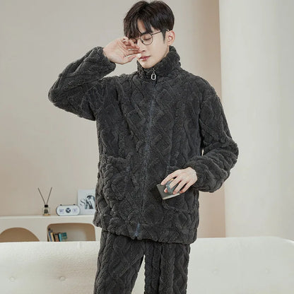 2025 New Couple Sleepwear Men's Autumn Winter Stand Collar Zipper Thick Long Sleeve Coral Fleece Home Clothes Men's Pyjamas