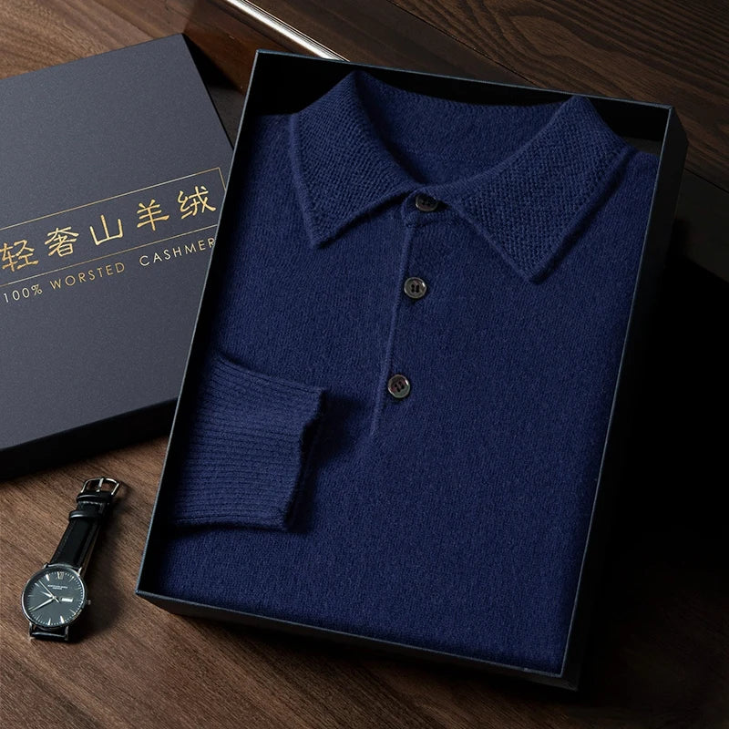 MVLYFLRT 2023 Men's New Polo Shirt Long Sleeve 100% Cashmere Knitted Pullover Solid Color Sweater Casual Business Office PL-2312