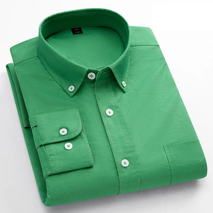 Classic Fit Fashion 100% Cotton Long-Sleeve Shirt for Men Single Pocket Slim Fit Casual Top Soft Oxford Solid Color Office Cloth