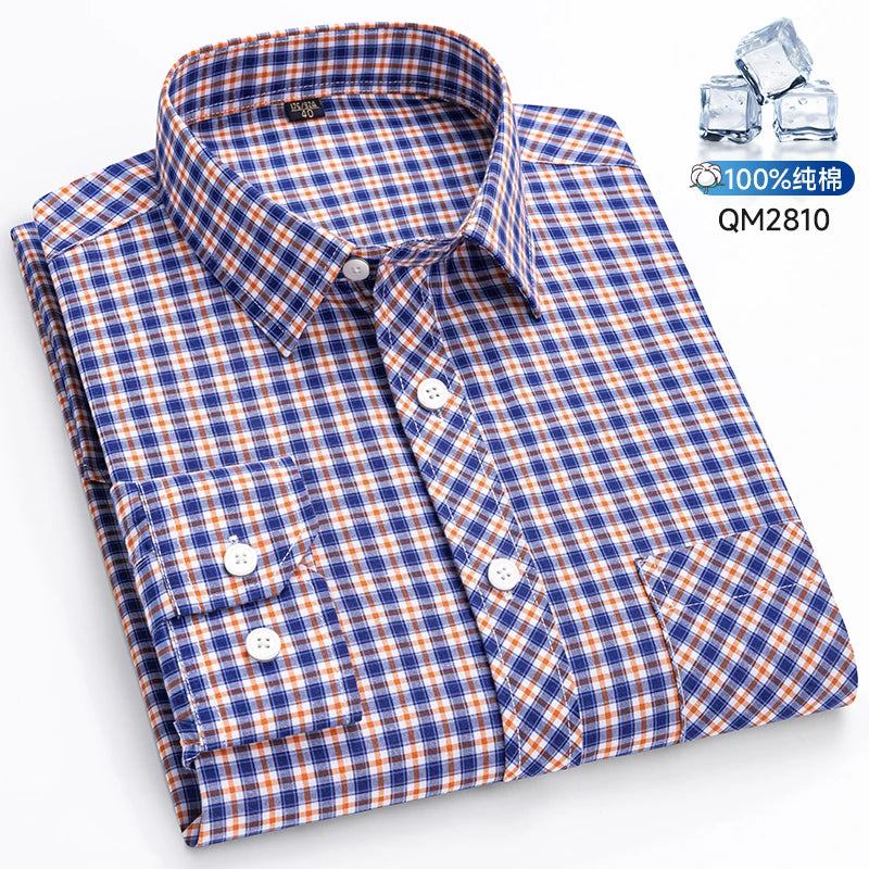 The New Men's Long-Sleeved Shirt Is Cool and Casual. It's a Thin, All-Cotton, Streetwear Checkered Style for Spring and Summer