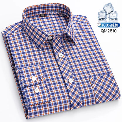 The New Men's Long-Sleeved Shirt Is Cool and Casual. It's a Thin, All-Cotton, Streetwear Checkered Style for Spring and Summer