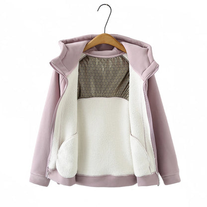 XXXXL Fashion Plus Size Women's Hoodies 2025 Winter New Solid Color Fleece Thickened Graphene Warm Hooded Sweatshirt Jacket 8816