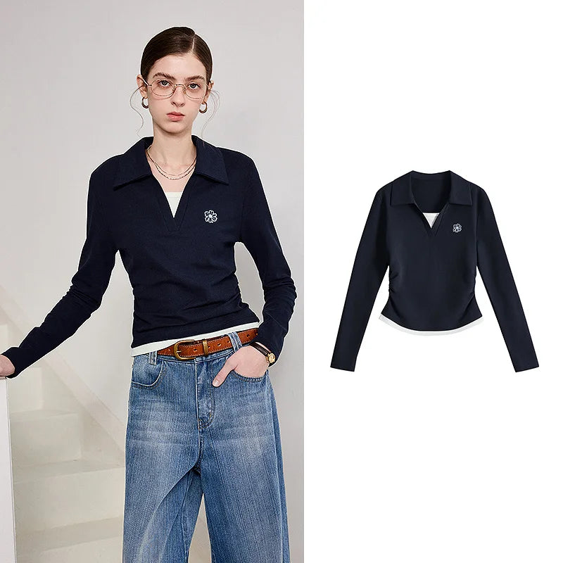 TOYOUTH Women Polo T-Shirt 2026 Spring New Contrast Color Fake Two-Piece Petite Waist-Slimming Slim Fit Top