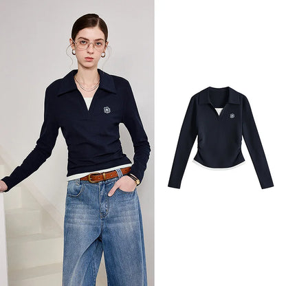 TOYOUTH Women Polo T-Shirt 2026 Spring New Contrast Color Fake Two-Piece Petite Waist-Slimming Slim Fit Top