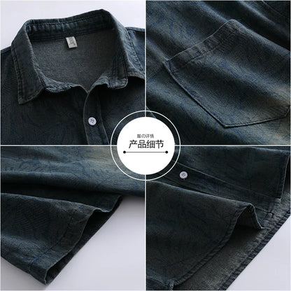Summer new style tie-dye plain-patterned fashionable and stylish casual loose short-sleeved denim shirt for men