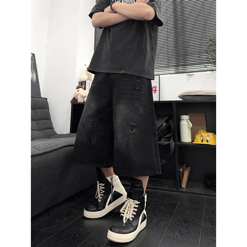 Unisex American Ins High Street Loose Straight Seven-Point Jeans Ripped Distressed Denim Shorts Summer Casual Streetwear