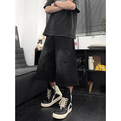 Unisex American Ins High Street Loose Straight Seven-Point Jeans Ripped Distressed Denim Shorts Summer Casual Streetwear