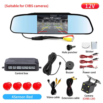 Rearview Mirror Reverse Radar 4 Probes Anti-dazzling Original Fit Parking Monitor Detector Auto Safety Auxiliary System