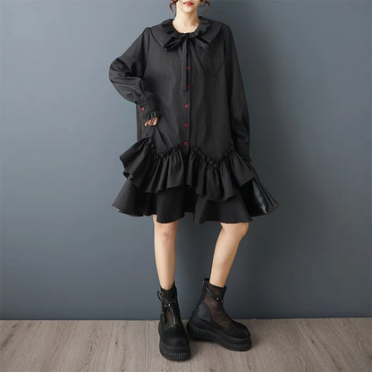 Loose Dark Design Double Layered Doll Collar Ruffle  Patchwork Dress Women's plus Size Cotton Blend Long Sleeve Midi Dress
