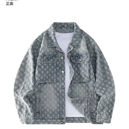 Fashionable Premium Jacquard Washed Denim Jacket for Men - Autumn New Arrival American Vintage Distressed Streetwear Style