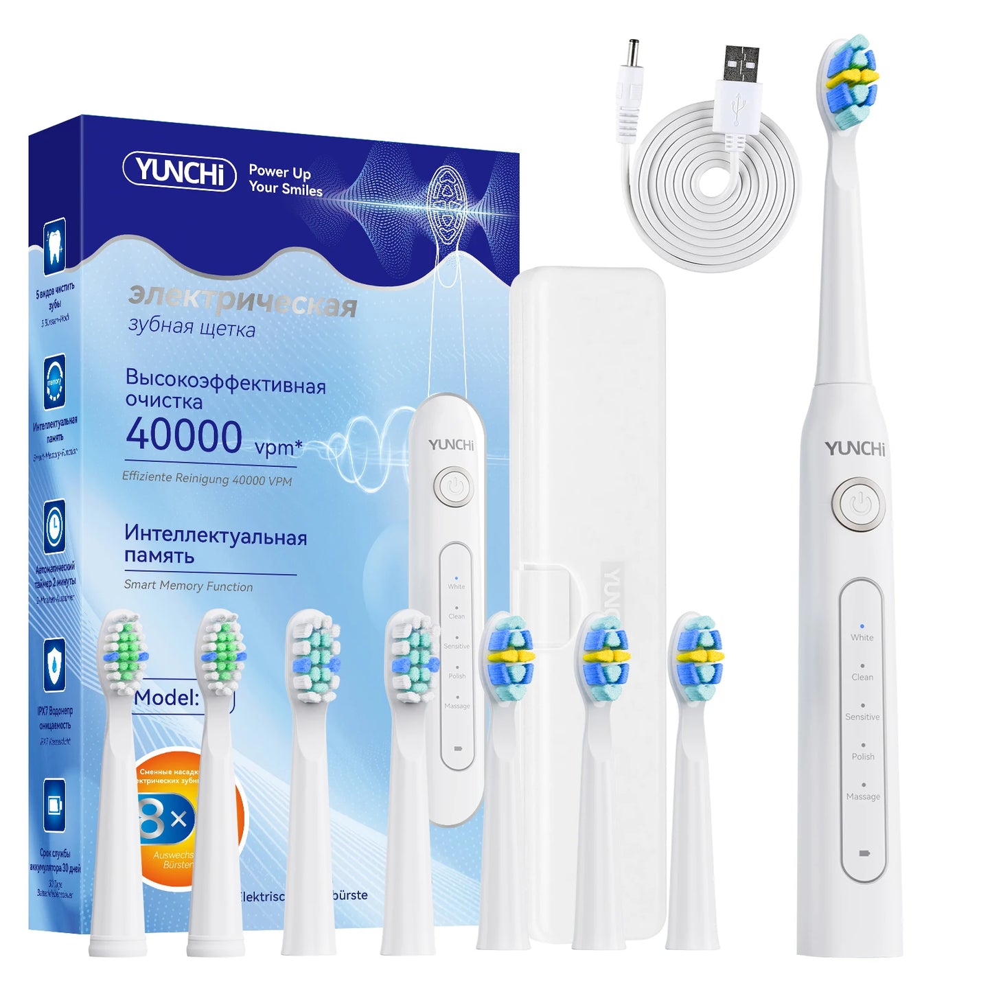 YUNCHI ultrasonic electric toothbrush with 5 operation modes and 40000 high-frequency vibrations.USB charging, waterproof