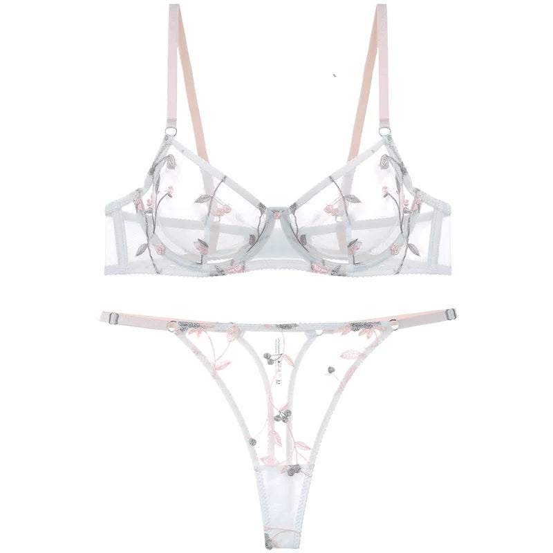 Sexy Soft Mesh Bra Set, Embroidered Ultra Thin T Back,Comfortable Transparent Lingerie for Women, Slimming Breathable Inner Wear