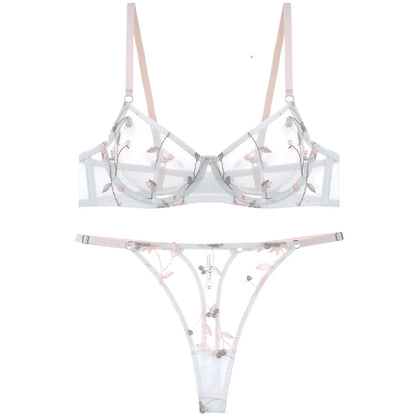 Sexy Soft Mesh Bra Set, Embroidered Ultra Thin T Back,Comfortable Transparent Lingerie for Women, Slimming Breathable Inner Wear