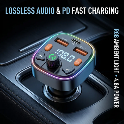 Car Bluetooth 5.0 FM Transmitter Audio Adapter RGB Colorful Light Triple Port PD Fast Charger And USB & One-Key Deep Bass Boost
