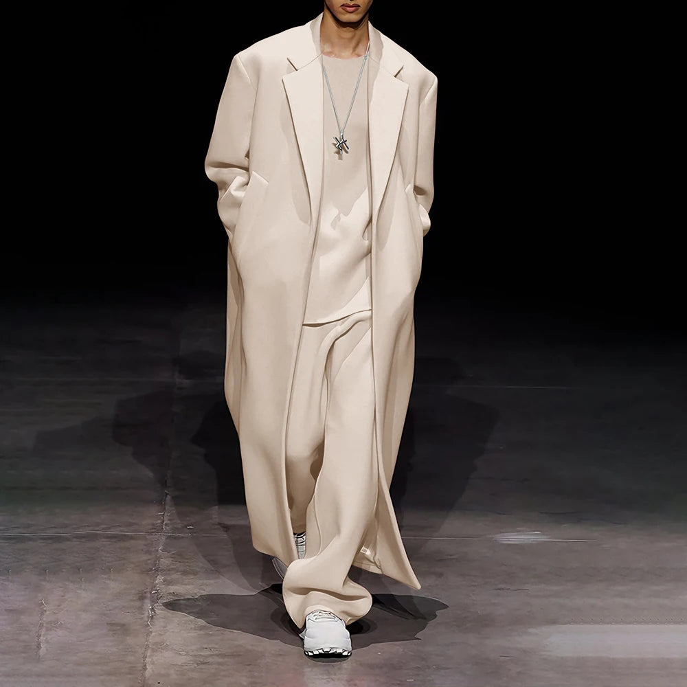 Designer Man Suit 2025 Fashion Two Pieces(Long Blazer+Wide Leg Pants) Set Unbuttoned Wool Coat for Winter Casual Occasions