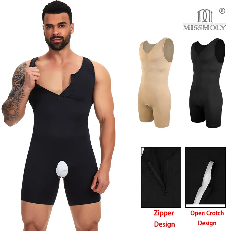 Men's Compression Bodysuit Sleeveless Full Body Shaper Tummy Control Underwear Low Neckline Shapewear Zipper Open Crotch Fajas