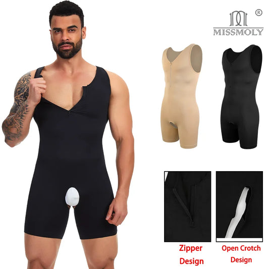 Men's Compression Bodysuit Sleeveless Full Body Shaper Tummy Control Underwear Low Neckline Shapewear Zipper Open Crotch Fajas