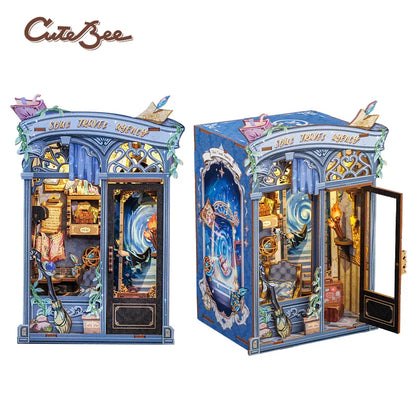 CUTEBEE Book Nook Kit Miniature House Kit Wooden Dollhouse with Led Light Bookshelf Insert Soul Travel Agency for Home Decor