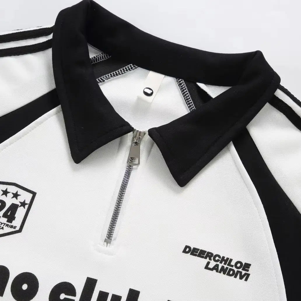 Sporty Unisex Polo T-Shirt, Black White Contrast with Stripes & Logo Print, Loose Summer Streetwear