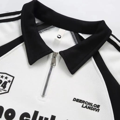 Sporty Unisex Polo T-Shirt, Black White Contrast with Stripes & Logo Print, Loose Summer Streetwear