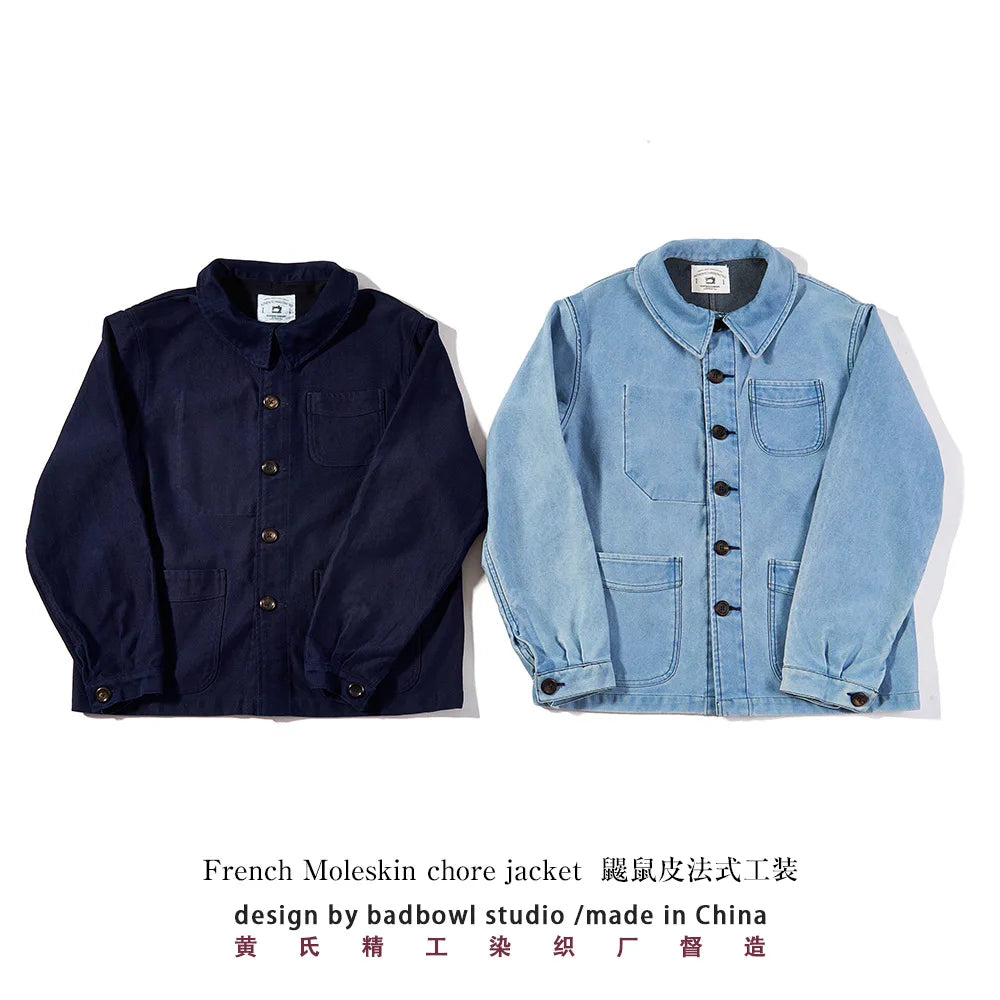 2026 Spring Round Collar Mole Skin French Four Bag Workwear Jacket Heavy Duty Washed Vintage Styleouter Garment Loose Fit Coat