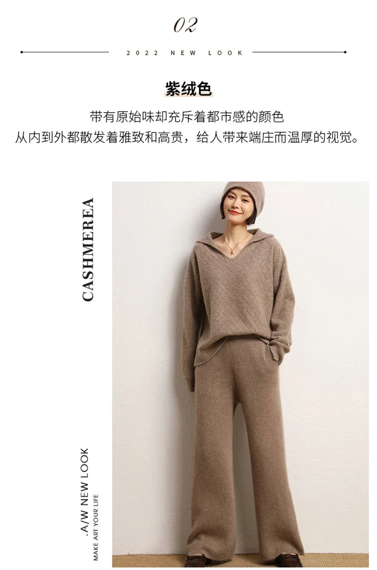 Women's 100% Cashmere Wide Leg Pants Knitted Thick Autumn/Winter Casual Solid Color Elastic Waistband Pockets