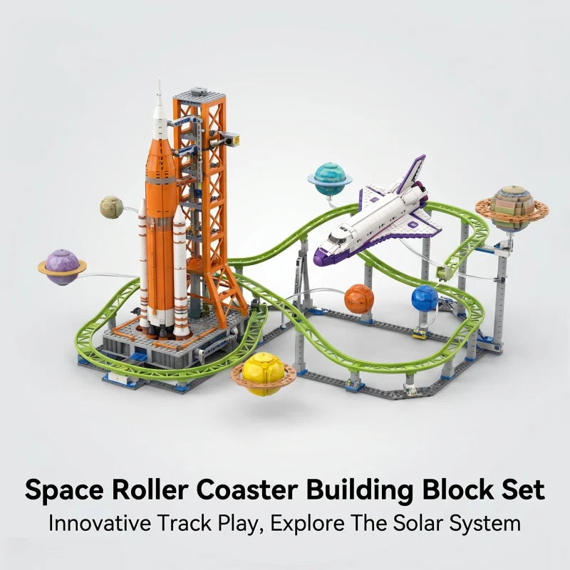 Space-themed roller coaster building block set, includes connectable circular track assembly components, a rotatable rocket laun