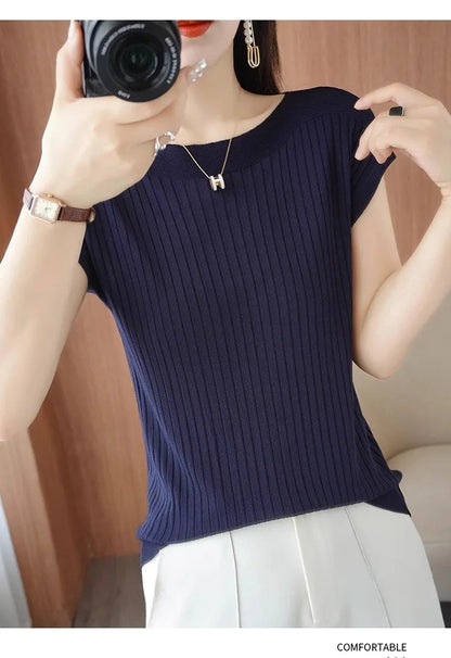 Ice Silk Knitted Top Women Loose Spring Summer New Style Thin Short Sleeve One Shoulder T-Shirt Breathable Comfortable Casual...