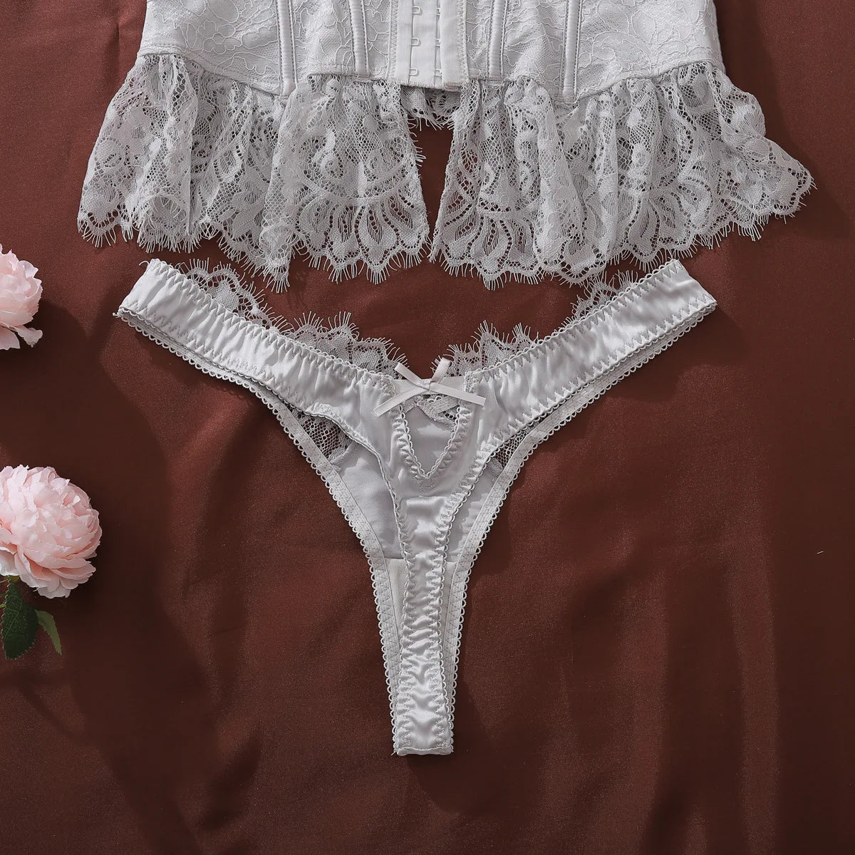 Ellolace Premium Women's Lingerie Sets Romantic Palace Corset Bra Panty Choker 3PC Elegant Princess Intimate Silver Underwear
