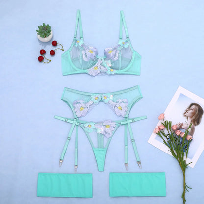Tornova Sexy Embroidery Lingerie Suit for Women Mesh Patchwork Embroidery Women's Underwear Suit Sexy Garters Mesh Underwear Set