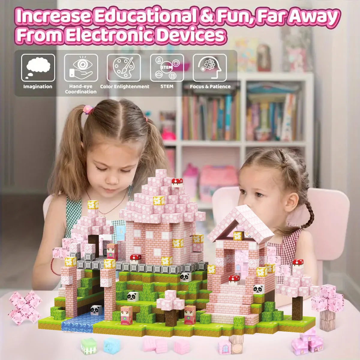 Magnetic Building Block Bricks Toy Pink Girly Mine Stacking World STEM Set Model Set DIY Educational Kids Girls Birthday Gifts