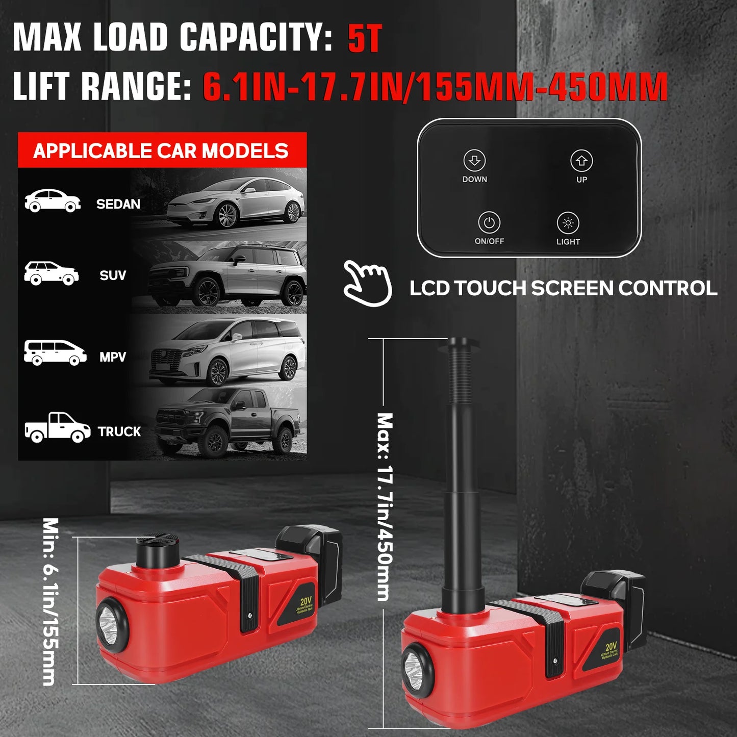 Electric Car Jack 5 Ton Hydraulic Jack Car Lift Floor Jack Change Tires Garage Repair with LED Light for Milwaukee 18V Battery