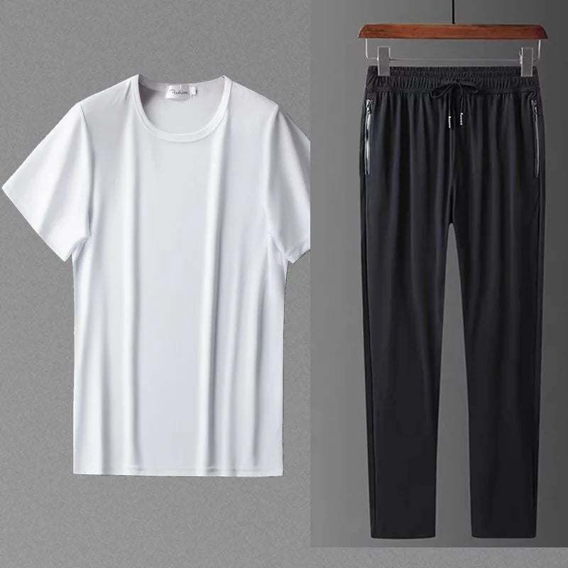 Ice Silk Men's Casual Pants Sports Set Air Conditioning Pants Quick Dry Trendy Large Size Short Sleeve T-Shirt Mesh Summer Wear