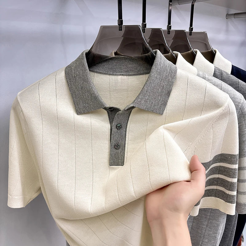 Quality Designer Brand Men Short-Sleeved Knitted Shirt Lapel Button Flax-Containing British Style Summer Leisure Men's Clothing