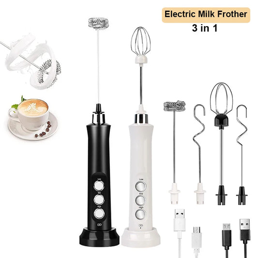 3 in 1 Electric Milk Frother Cordless Portable Stirring Whisk 3 Speeds Milk Foam Maker Coffee Cappuccino with Type-C Charge Base