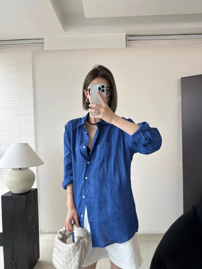 White Linen Cotton Blend Long Sleeve Shirt Women Summer Thin Loose Style Sun Protection Top Casual Commute Fashion  Collar