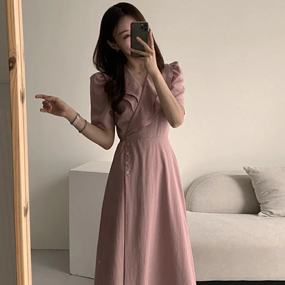 Retro Double Layered Collar Bubble Sleeve  Dress Elegant Short Sleeve V Neck Summer Casual Women's Dress